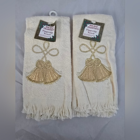 VTG Christmas Holiday (2) Fringed Hand Guest Towel Bells 11" x 18" Fingertip - Picture 1 of 8